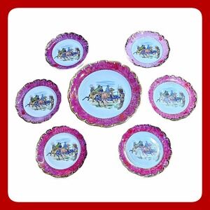 Schumann Arzberg Bavaria Napoleonic Battle Plate Set 7pc Magenta Gold Trim 7.5in